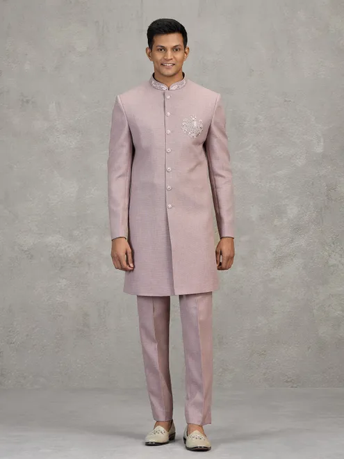 Pink jute elephant motif festive embellished indowestern set