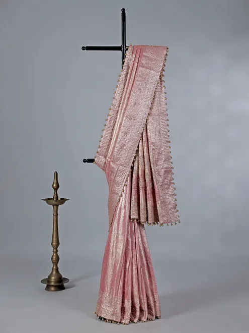 Pink kanjivaram silk saree with exquisite zardosi work
