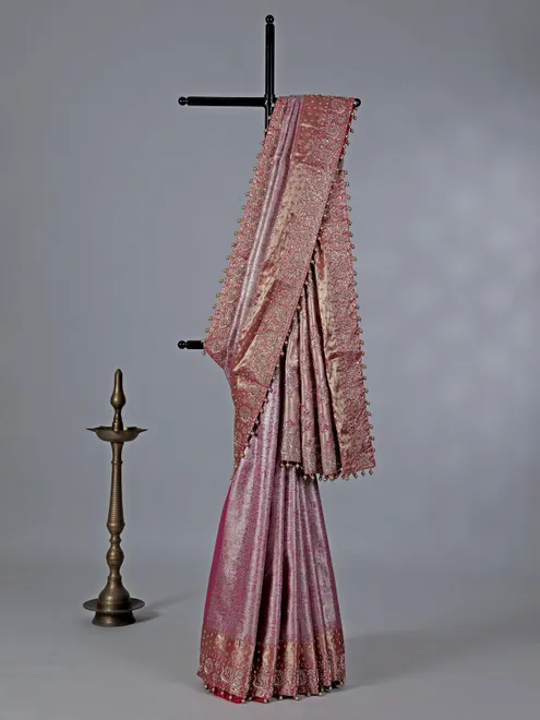 Pink kanjivaram silk saree with intricate zardosi touch