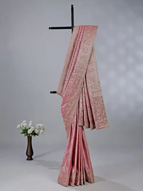 Pink kanjivaram silk saree with unstitched blouse