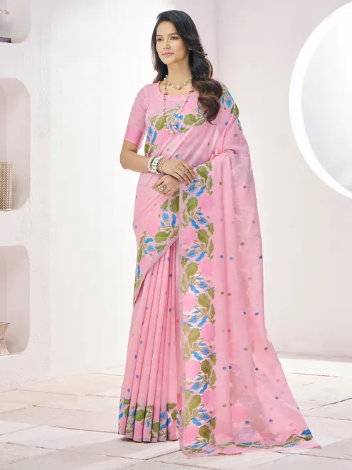 Pink linen saree for festival for women