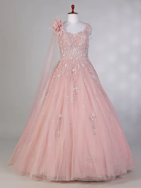 Pink net designer gown with sequins and beads work