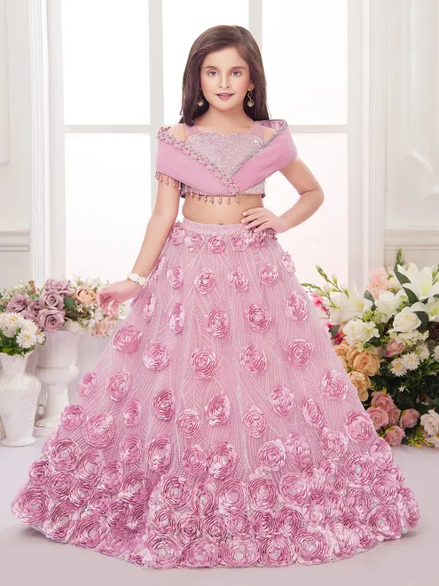Pink net designer patch work embellished lehenga choli