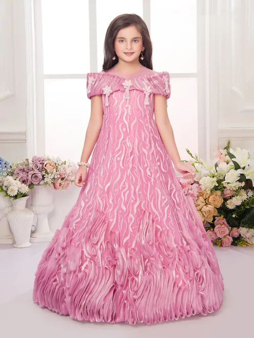 Pink net designer pearl patch work floor length gown