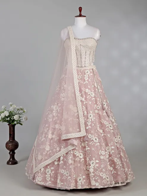 Pink net lehenga choli with sequins and thread work