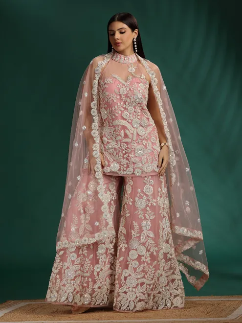 Pink net palazzo suit with heavy embroidery
