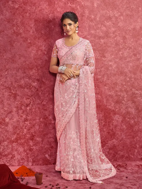 Pink net saree with sequins work for reception