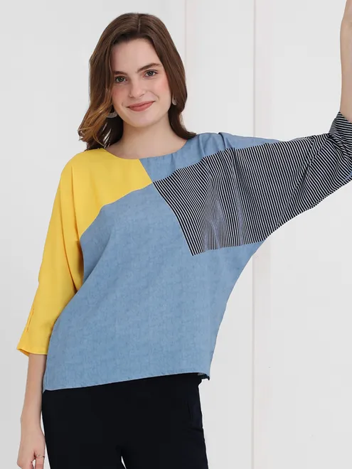 PINK NINE blue color block rayon cotton top