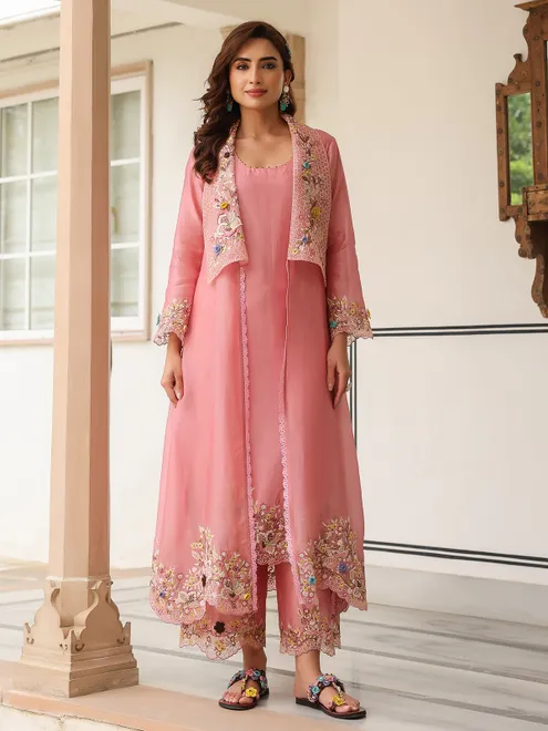 Pink organza and chanderi silk kurti set in jacket style