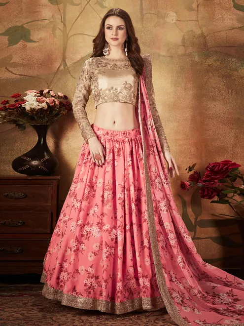 Pink organza lehenga choli with embroidered blouse