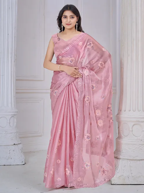 Pink organza saree with aabla and embroidery work