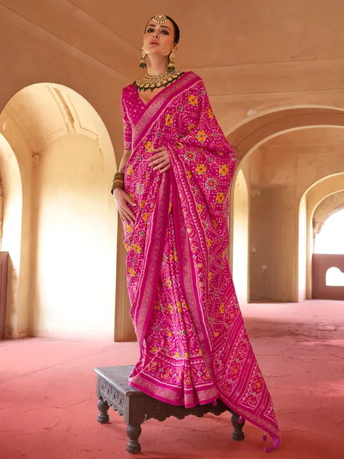 Pink patola silk printed saree for festival