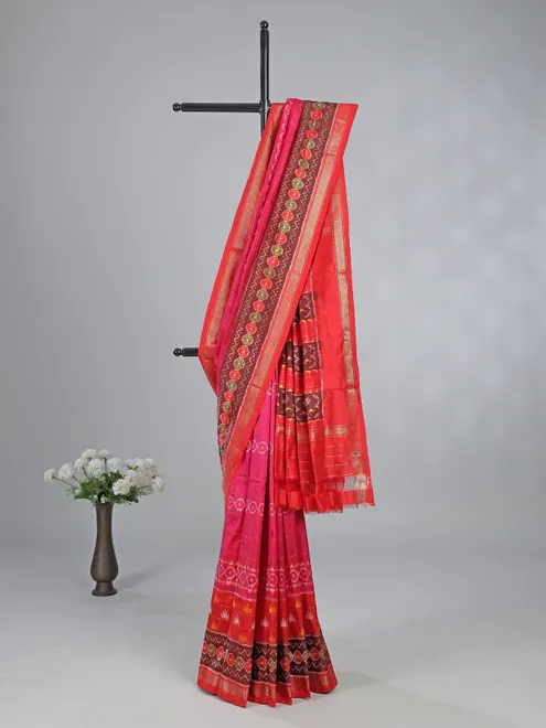 Pink and red wedding wear satin silk saree