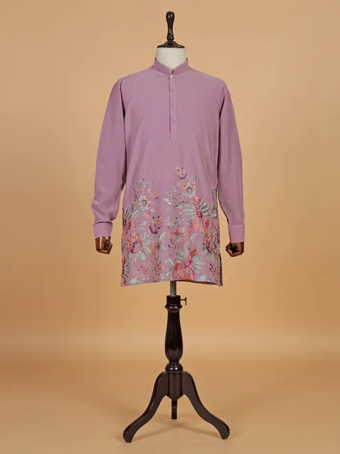 Pink plain kurta suit in satin for men