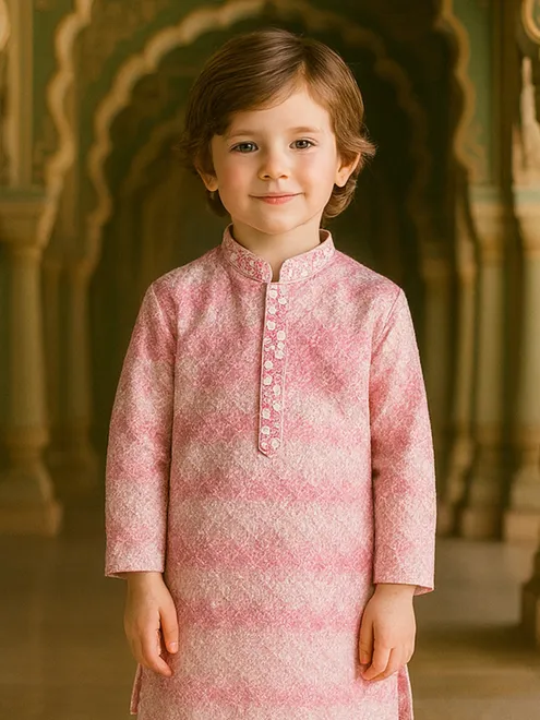 Pink printed cotton silk kurta suit for boys festive wear