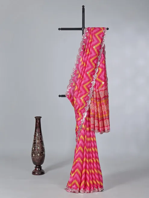 Pink printed crepe silk saree for wedding wear
