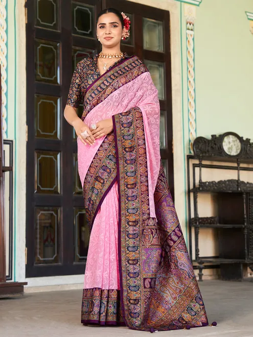 Pink printed georgette saree with thread work