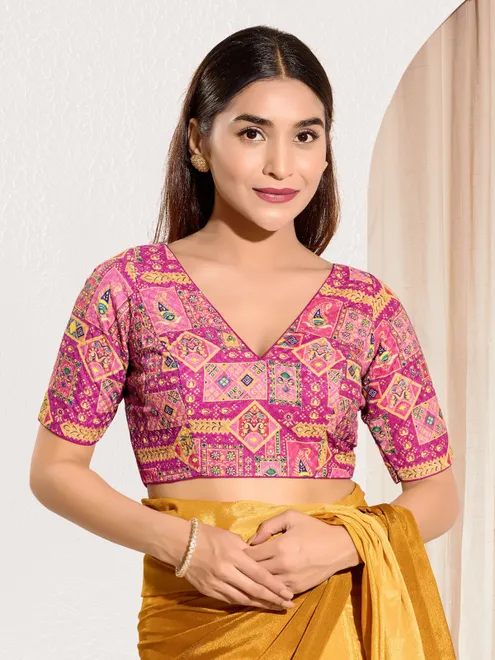 Pink printed rayon V neck elbow sleeve blouse