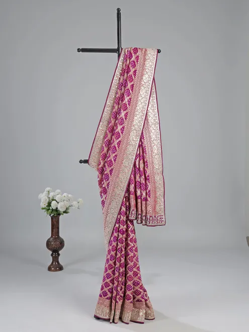 Pink printed saree with gota zari work