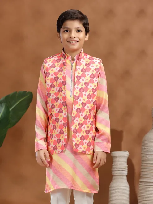 Pink printed silk boys waistcoat set for weddings