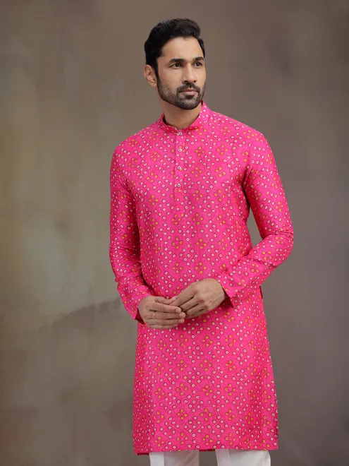 Pink printed silk kurta pajama for festival