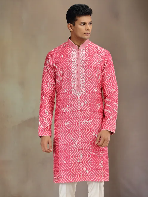 Pink printed silk kurta suit with aabla and thread work