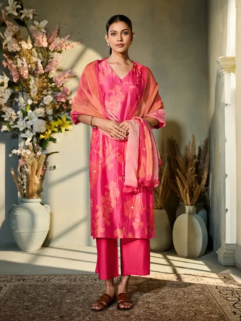 Pink printed silk kurti set for women festive wear