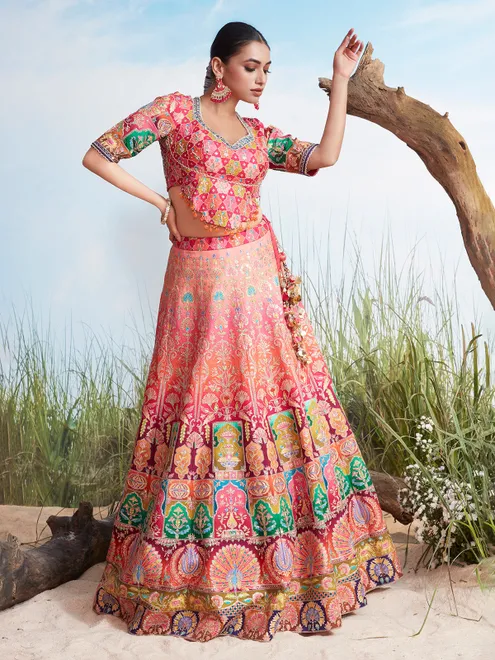 Pink printed silk lehenag choli for women wedding wear