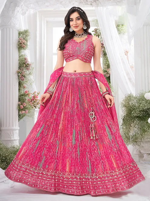 Pink printed silk lehenga choli with zari aabla
