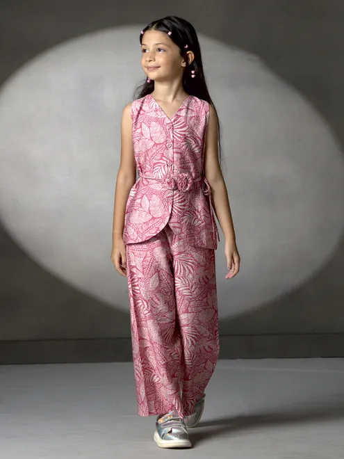 Pink printed silk palazzo co-ord set for girls