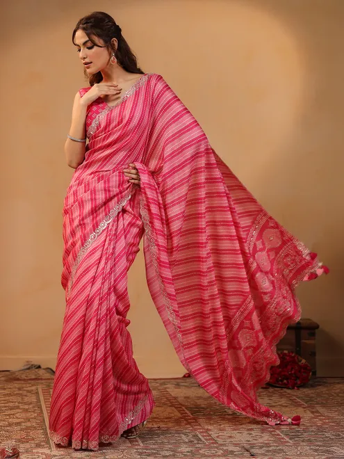 Pink printed silk saree with aabla highlights
