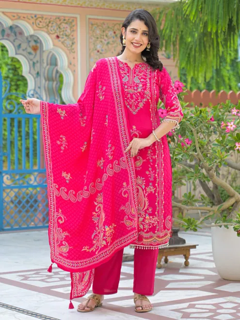 Pink printed silk straight cut kurti set
