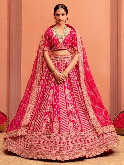 Pink raw silk lehenga choli for brides