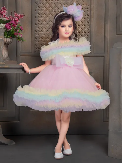 Pink ruffled net flare frock