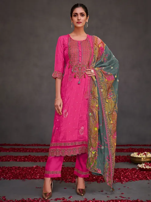 Pink salwar suit in muslin silk