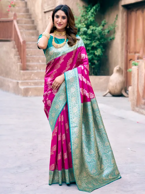 Pink saree in silk with gentle zari weave