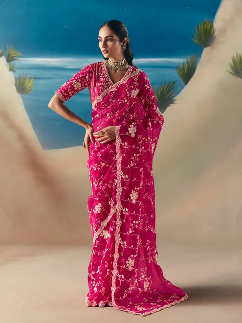 Pink satin organza embellished party saree
