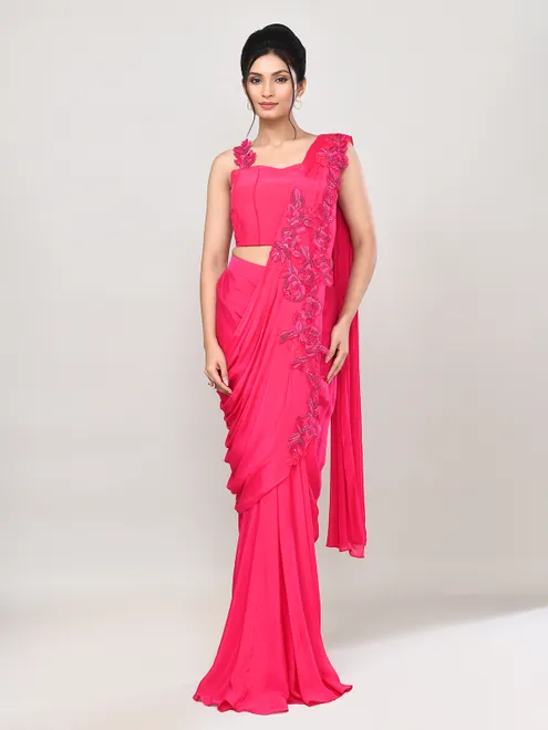 Pink satin silk designer ready to wear saree