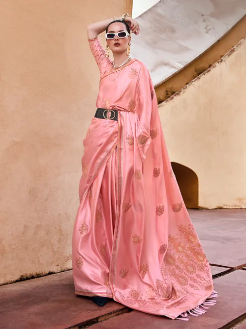 Pink satin silk saree with gleam