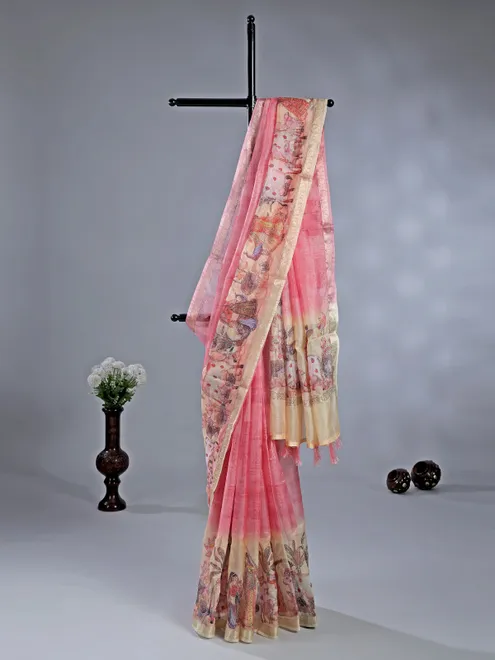 Pink semi cotton festival wear saree