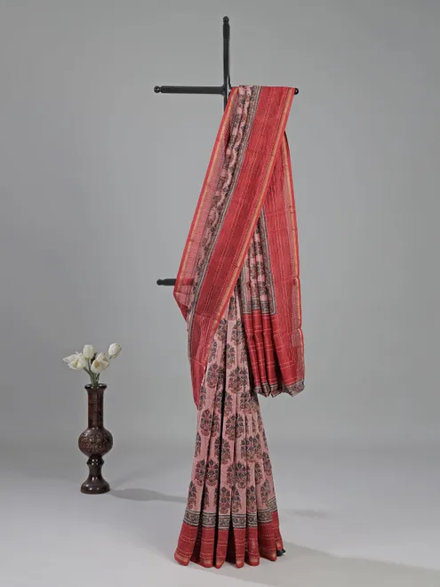 Pink semi cotton printed saree with thread work