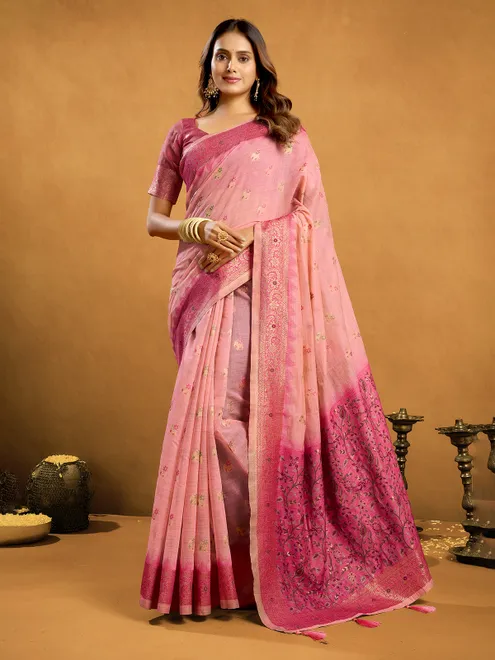 Pink semi cotton saree for wedding and festive