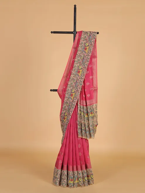 Pink semi cotton silk zari weaving saree