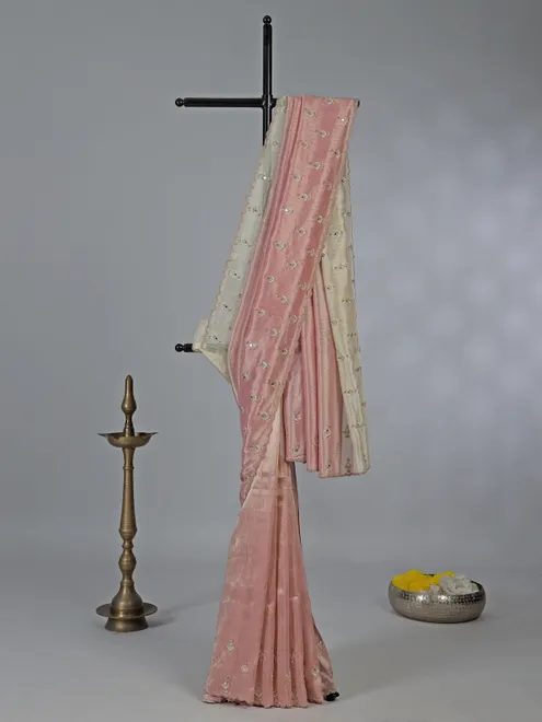 Pink shaded tissue silk saree with mirror and zari work