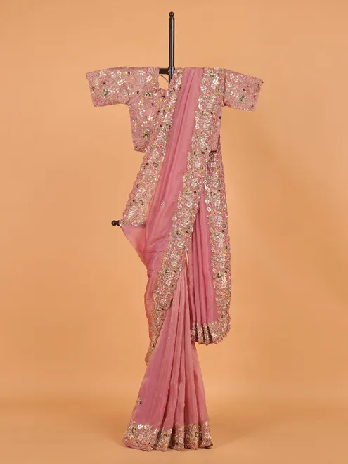 Pink shimmer tissue silk saree for women