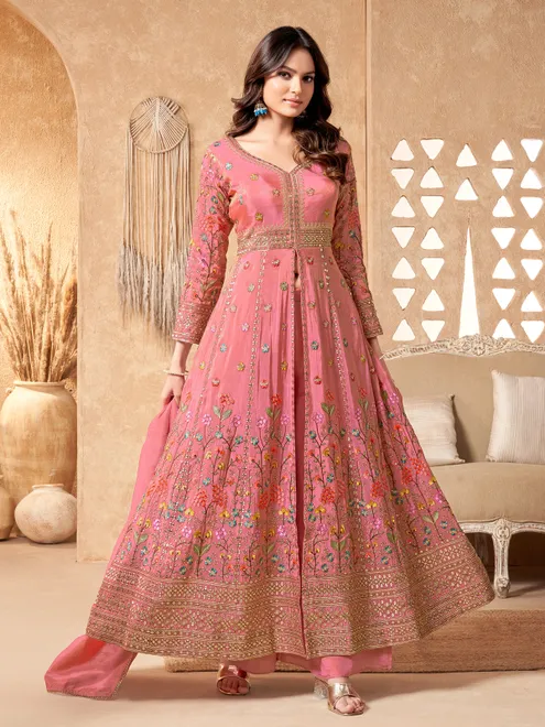 Pink silk anarkali palazzo suit with dupatta