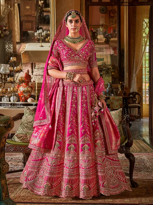 Pink silk bridal lehenga choli with resham embroidery