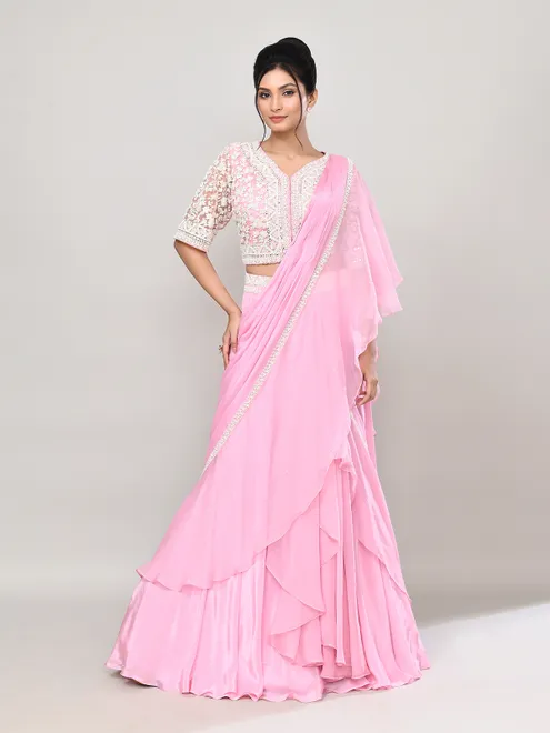 Pink silk designer lehenga choli with ruffle dupatta