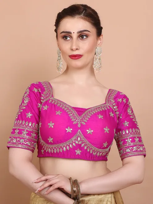Pink silk embroidered ready made elbow sleeves blouse