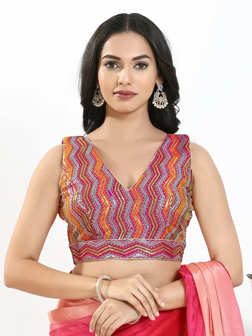 Pink silk embroidered work V neck sleeveless blouse